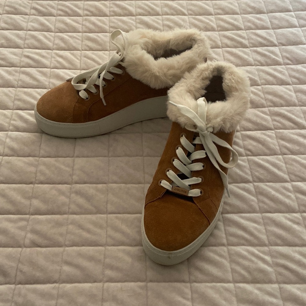 Women's Tan J Slides NYC Suede Sneakers with Faux Fur Lining.  Size 8.